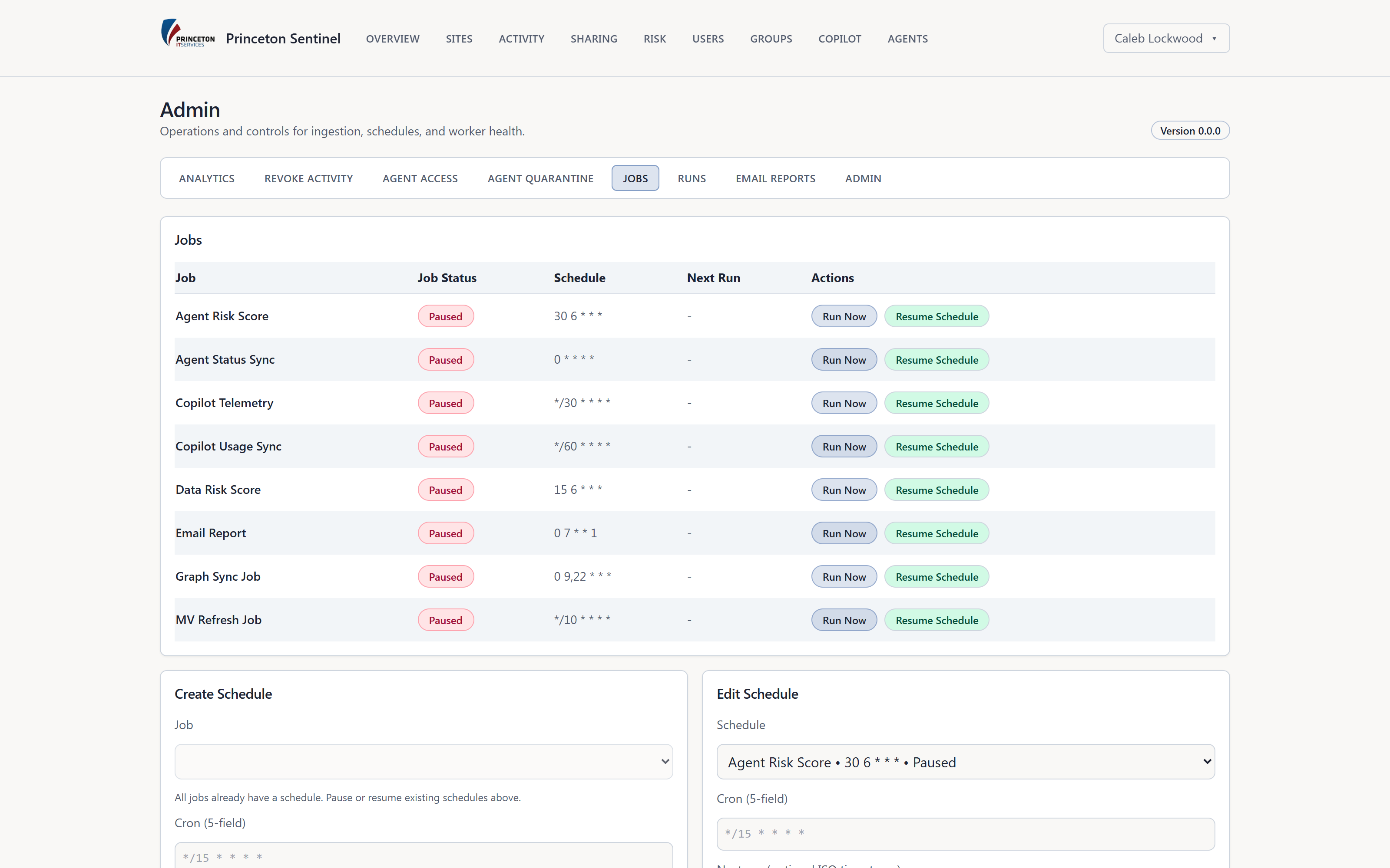 Admin operations panel with the job scheduler, cron schedules, and run controls
