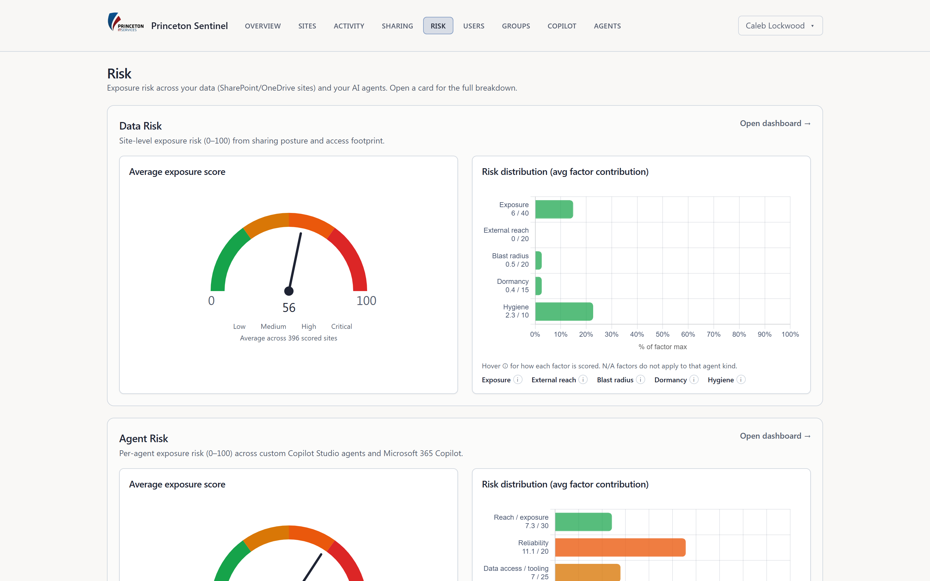 Risk hub combining data-risk and agent-risk gauges and summaries